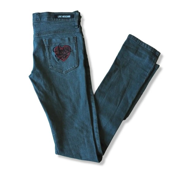 LOVE MOSCHINO Women Coated Slim Jeans Heart Patch Pocket Logo Y2K Wash Effect - Picture 1 of 12